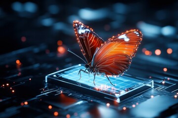 Poster - A glowing, metallic butterfly rests on a glowing, digital panel.