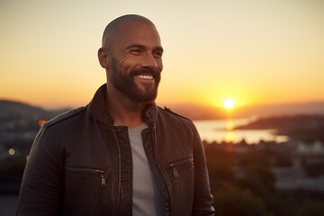 Canvas Print - Portrait of a smiling man in his 30s sporting a stylish leather blazer while standing against vibrant sunset horizon