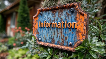 weathered informational sign amidst lush foliage with a rustic blue and orange design depicting the 
