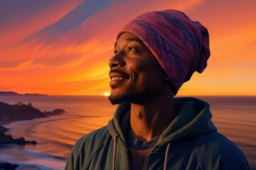 Sticker - Portrait of a joyful afro-american man in his 30s sporting a trendy beanie isolated on vibrant sunset horizon