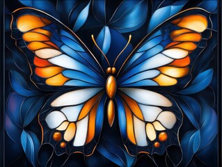 Stained glass butterfly with blue, white, and orange wings against a dark blue background.