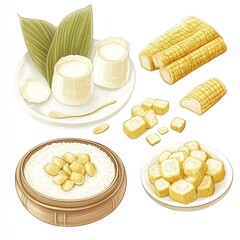 Poster - A collection of food items including rice, corn, and desserts presented artistically.