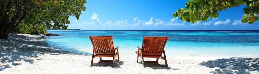 Wall Mural - Relaxing Beach Chairs on Tropical White Sand Beach with Turquoise Water