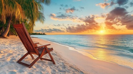 Wall Mural - Sunset Beach with Palm Tree and Chair