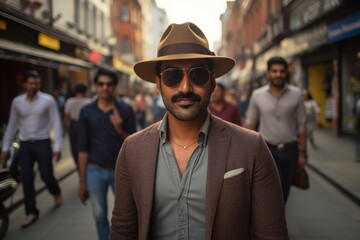 Wall Mural - Portrait of a glad indian man in his 30s donning a classic fedora in front of busy urban street