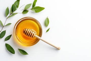 Glass bowl of honey with honey dipper isolated on white background. top view - generative ai