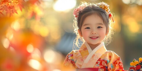 Joyful child in vibrant hanbok, playing with traditional toys, sunlit garden, soft autumn leaves in background