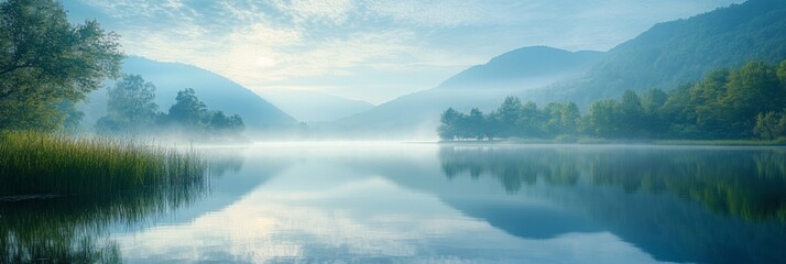 Wall Mural - Tranquil lake scene, serene reflections of clouds and distant shoreline, soft hues blending in peaceful harmony, inviting calm and contemplation