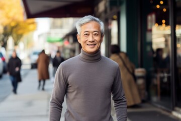 Canvas Print - Portrait of a joyful asian man in his 70s showing off a thermal merino wool top in busy urban street