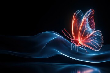 Poster - A glowing butterfly with red and blue accents rests on a wave of blue light.