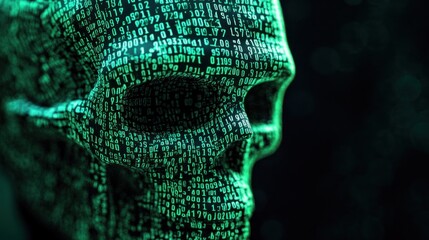 Poster - A digital skull covered in binary code, symbolizing technology and data.