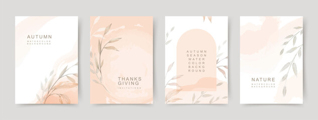 Wall Mural - autumn background with watercolor leaves in soft pastel colors. set of templates for cards, banners,