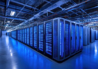 Poster - Modern Data Center Servers with Blue LED Lights