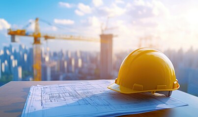 Yellow Hard Hat and Blueprints at Construction Site