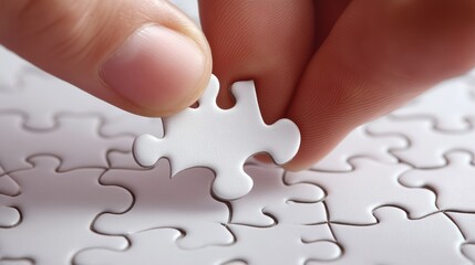 A close-up of a hand placing the final piece into a jigsaw puzzle, completing the picture