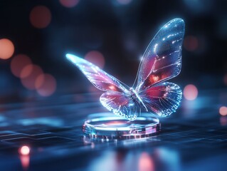 Poster - A digital butterfly hovers on a glowing platform, surrounded by a blurred background of lights.