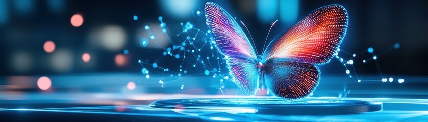 Poster - A glowing, digital butterfly on a platform, with a blurred city lights background.