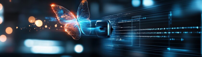 Fototapete - A glowing butterfly flies out of a digital device.