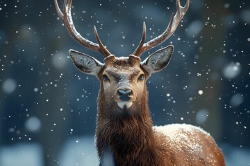 Wall Mural - A majestic deer stands amidst falling snowflakes in the winter forest