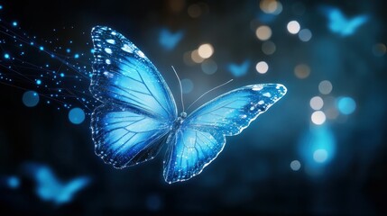 Poster - A glowing blue butterfly with digital lines in a dark background with bokeh lights
