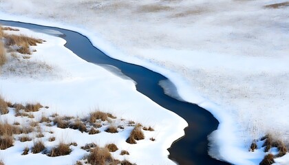 Close-up view of stream in winter field from a high angle after snowfall