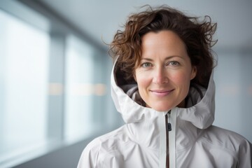 Poster - Portrait of a satisfied woman in her 40s wearing a windproof softshell over modern minimalist interior