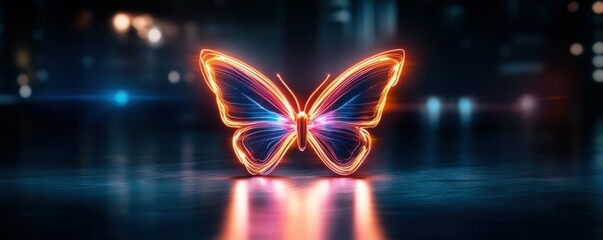 Poster - A glowing neon butterfly, its wings a vibrant orange and blue, stands out against a dark, blurry cityscape background.