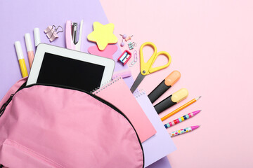 Sticker - Backpack and different school stationery on pink background, flat lay. Space for text