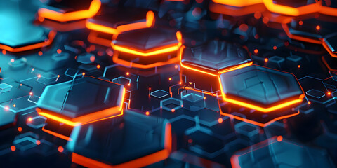 Poster - Abstract background with glowing hexagons, blue and orange colors, dark color backgrounds, beautiful digital art on the wall, complex shapes, bokeh 