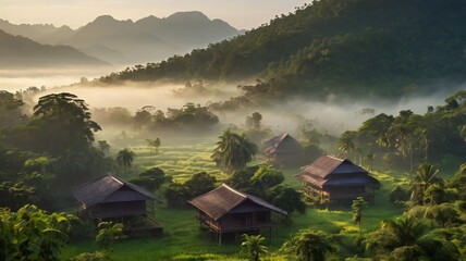 Wall Mural - Misty fog in villages. Fog in nature. sunrise winter morning.