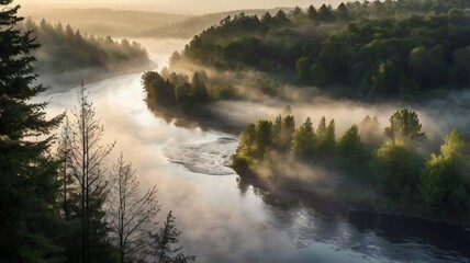 Wall Mural - Misty morning on the lake   fog in nature  fog  forest river fog