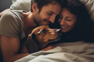 Sticker - Gay couple hugging Dachshund dog on the bed mammal animal adult.