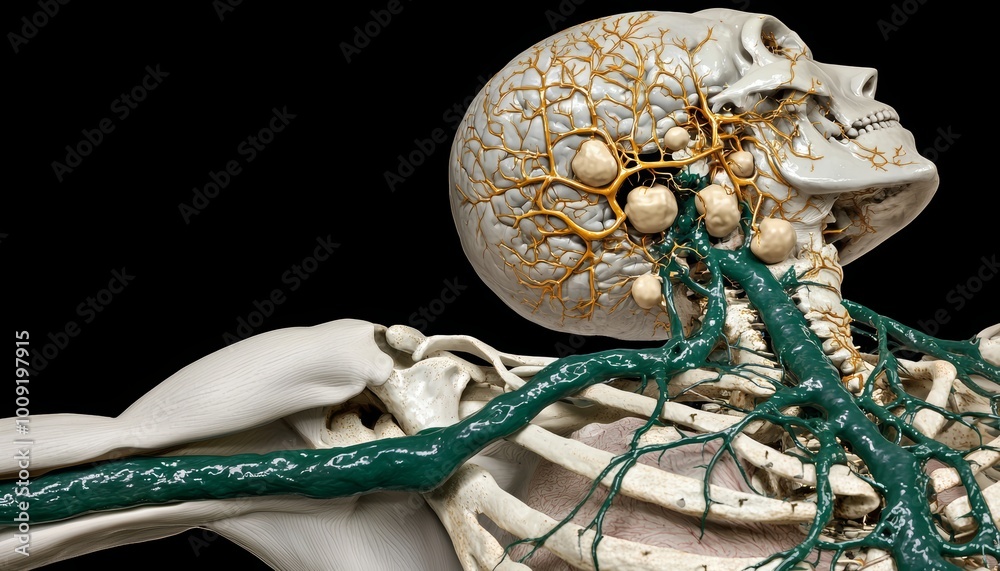 A 3D model of the upper body, highlighting the lymphatic vessels ...