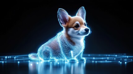Poster - Wireframe rendering of a cute corgi puppy on a dark background.