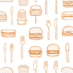 A seamless pattern with black ink doodles of burgers and other fast food, outlined in orange on a white background. 
