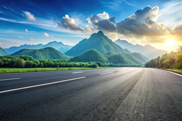 Empty road and mountains with nature backdrop, close-up