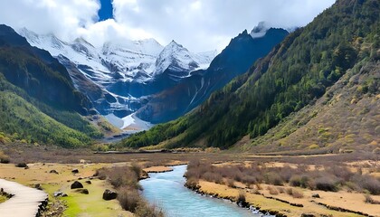 Wall Mural - Autumn beauty of Yufeng God's Waterfall in the snow-capped mountains with misty clouds. Experience nature on a hiking trail.