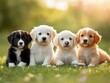 © Vangly - Four adorable puppies, one black and white, three white, sit together on a grassy field.