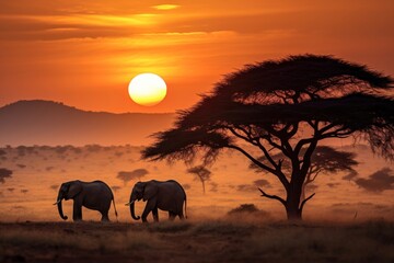 Poster - Elephant silhouette landscape grassland.