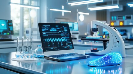 Poster - A laboratory setting with a laptop, microscope, and beakers.