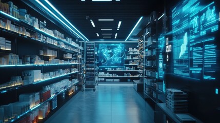 Poster - Futuristic store interior with blue glowing lights and digital displays.