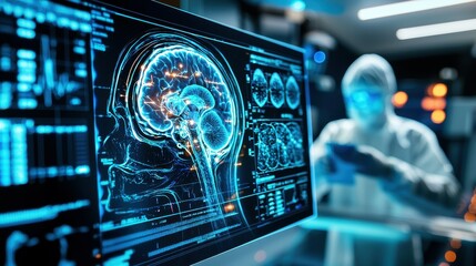 Poster - A computer screen displaying a 3D model of the brain.