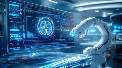 Fototapete - A futuristic medical setting with a robotic arm and a monitor displaying a brain scan.