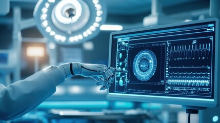 Poster - Robotic arm in a medical setting, interacting with a computer screen.