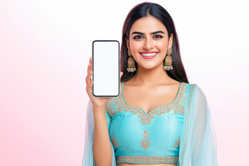 Canvas Print - young indian woman showing smartphone on white background