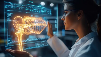 Poster - Female scientist in lab coat examines 3D model of bone.
