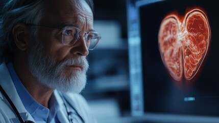 Poster - Senior doctor examining a medical scan on his computer.