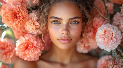 Poster - Beautiful Woman with Freckles Surrounded by Pink Flowers