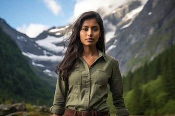 Wall Mural - Portrait of a glad indian woman in her 20s sporting a breathable hiking shirt isolated on snowy mountain range