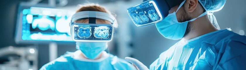 Poster - Two surgeons wearing VR headsets and masks examine a patient's brain scan.